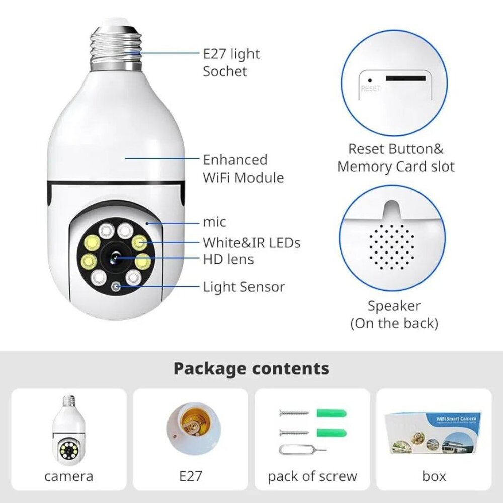 Light Bulb Security Camera 5GHz 1080P Wireless Outdoor Indoor 360° Night Vision